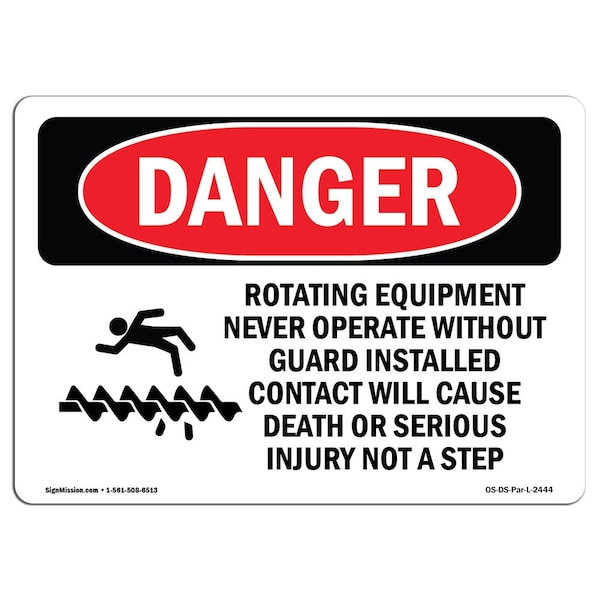 Safety Sign, OSHA Danger, 7" Height, Aluminum, Rotating Equipment Never Operate, Landscape